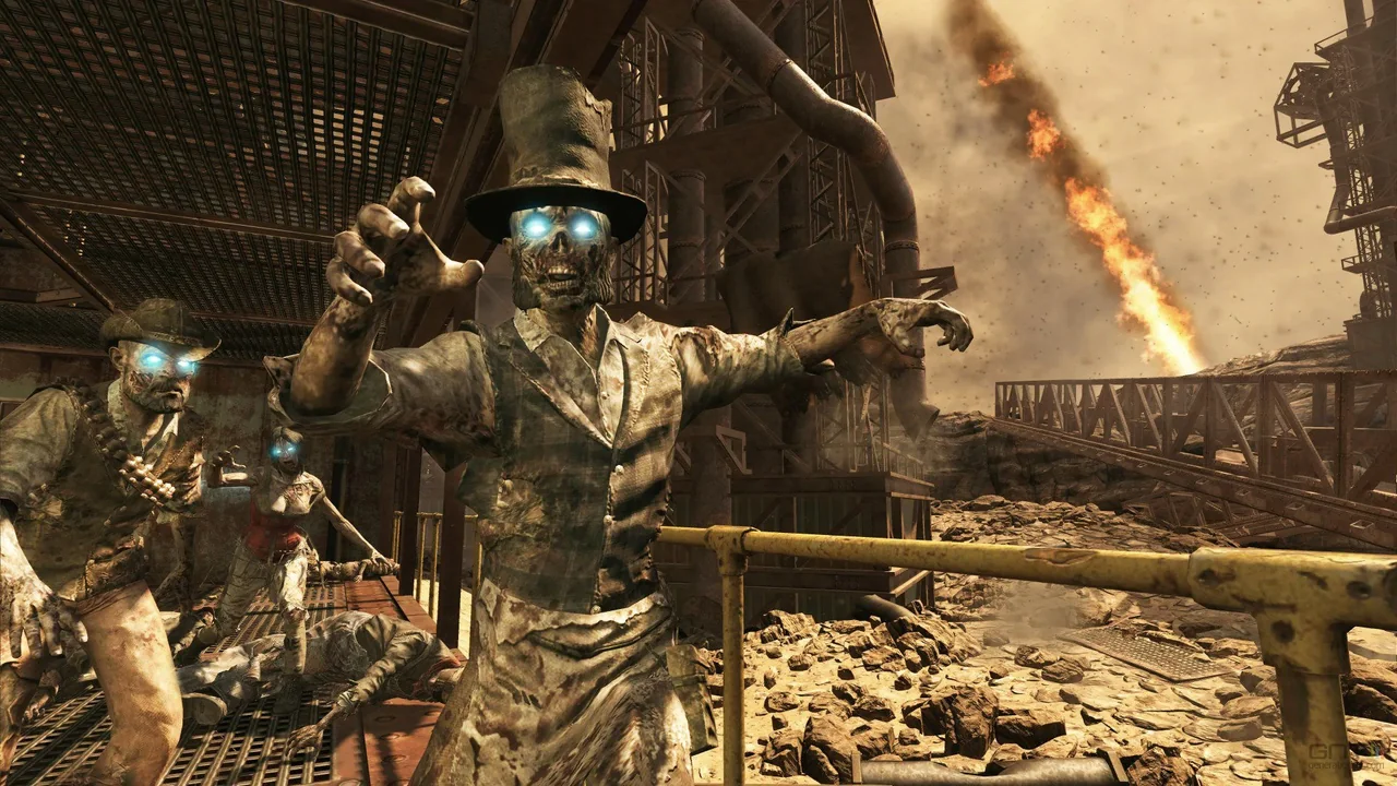 Zombies with glowing blue eyes, one in a top hat, in the town in Buried, Call of Duty Black Ops II Zombies