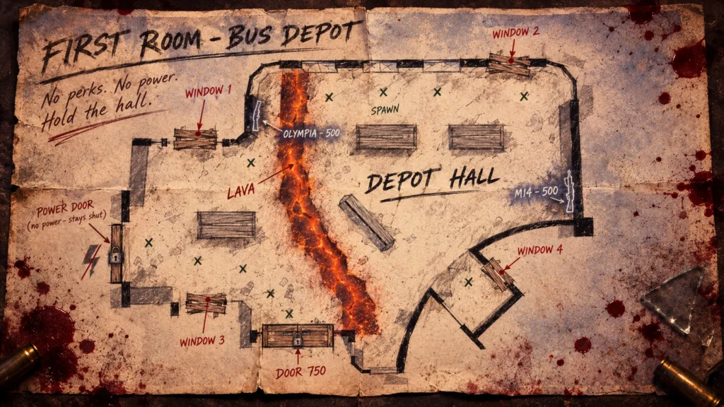 Top-down plan of the Bus Depot First Room: the depot hall cut in two by a lava crack, with windows, doors, wall buys and spawns, traced from the game files