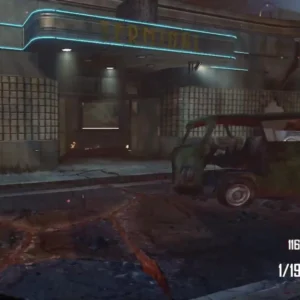 The front of the depot with its neon Terminal sign and lava cracks in the street in Bus Depot, Call of Duty Black Ops II Zombies