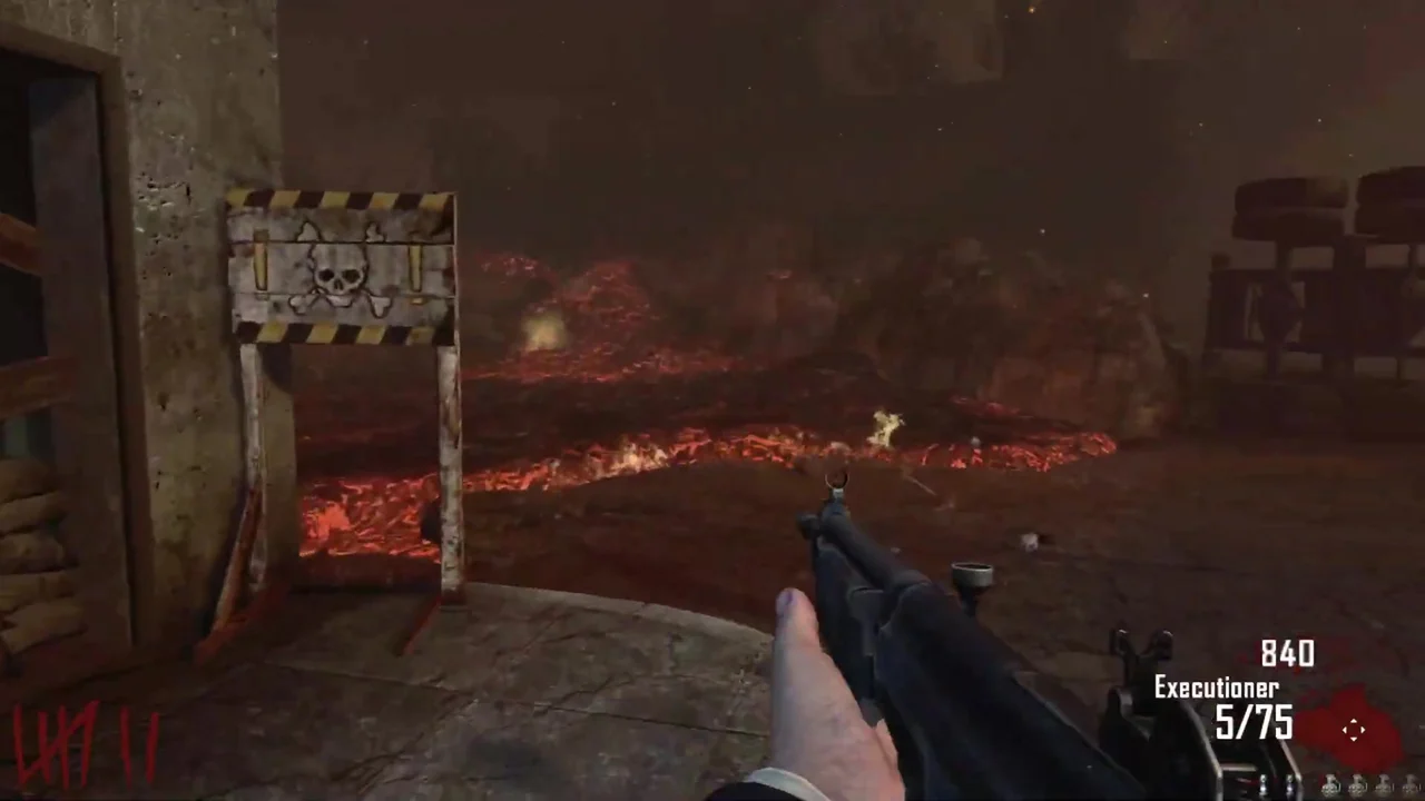 Pools of lava across the lot behind a skull warning sign in Bus Depot, Call of Duty Black Ops II Zombies