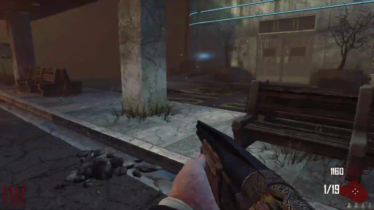 Pillars and benches in front of the station in Bus Depot, Call of Duty Black Ops II Zombies