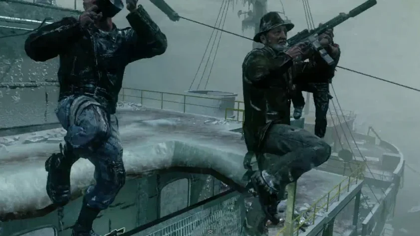 Michael Rooker and Robert Englund thrown through the air by the Flinger, above the ship, in Call of the Dead, Call of Duty Black Ops Zombies