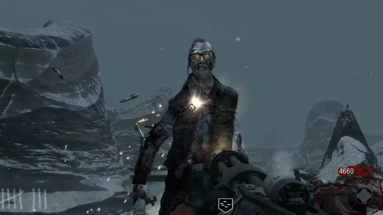 George A. Romero berserk, clothes torn open on rotten flesh, charging the player in the snow, in Call of the Dead, Call of Duty Black Ops Zombies