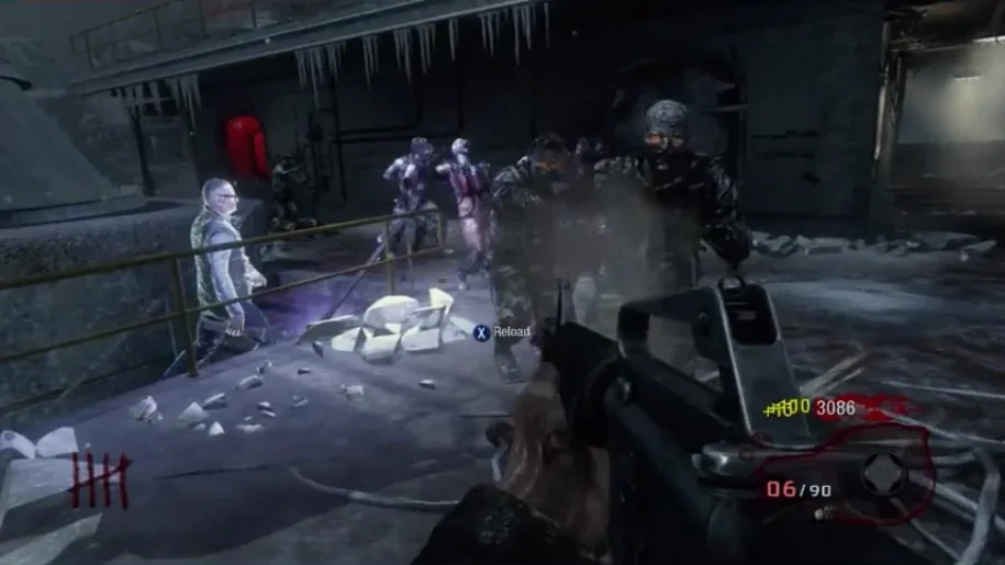 George A. Romero walking calmly among zombies, blue aura around him, in Call of the Dead, Call of Duty Black Ops Zombies