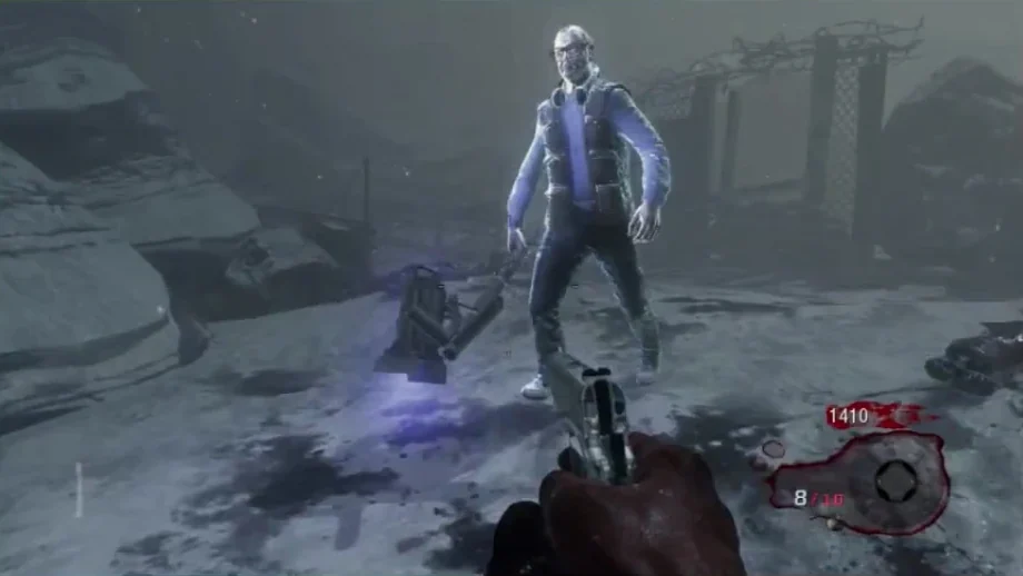 George A. Romero, calm, walking towards the player with his stage light, in Call of the Dead, Call of Duty Black Ops Zombies
