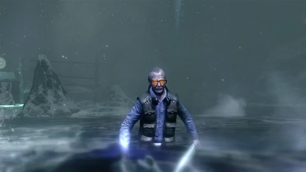 George A. Romero wading out of the icy water with his stage light, in Call of the Dead, Call of Duty Black Ops Zombies
