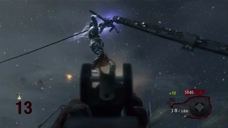George A. Romero riding a zipline above the ship, in Call of the Dead, Call of Duty Black Ops Zombies
