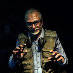 George A. Romero in his vest and glasses, his stage light glowing blue, in Call of the Dead, Call of Duty Black Ops Zombies