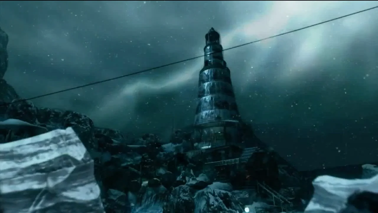 The lighthouse at night, its beam lit, the zipline cable running down towards the ship, in Call of the Dead, Call of Duty Black Ops Zombies