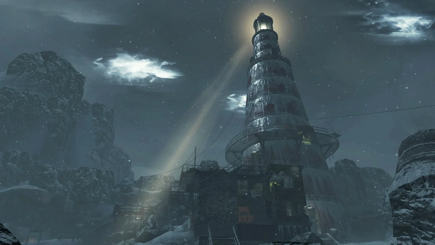 The lighthouse above the frozen shore and the stranded ship, in a snowstorm, in Call of the Dead, Call of Duty Black Ops Zombies