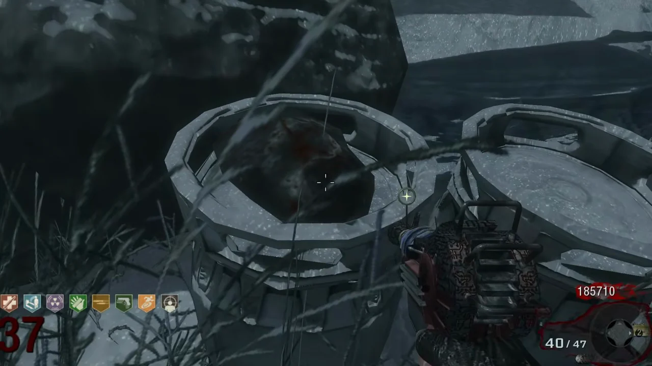 The Element 115 meteorite inside a metal barrel among the bushes of the starting area, in Call of the Dead, Call of Duty Black Ops Zombies