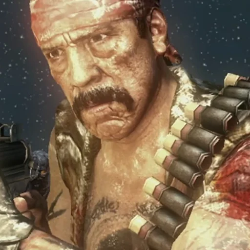 Danny Trejo with his bandana and bandolier, close-up from the Call of the Dead reveal trailer, Call of Duty Black Ops Zombies