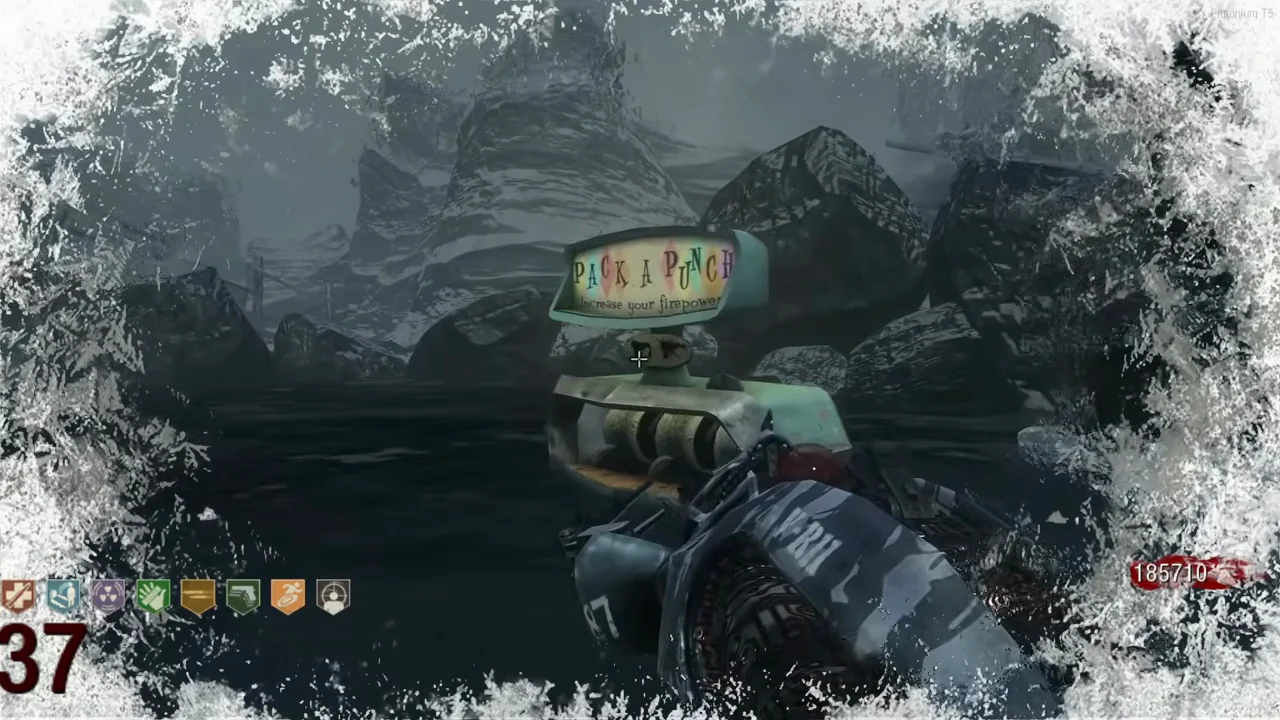 The Pack-a-Punch machine rising out of a pool of icy water, frost on the screen edges, in Call of the Dead, Call of Duty Black Ops Zombies