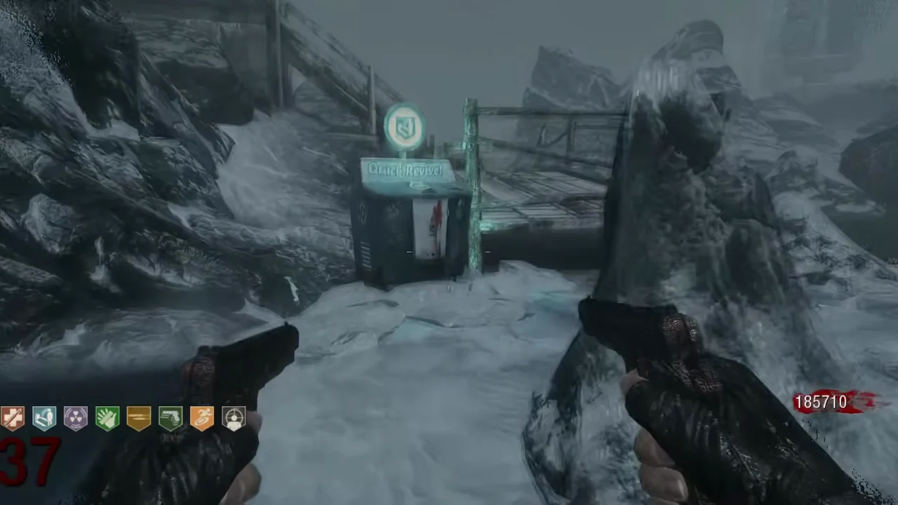 The Quick Revive machine on the snowy shore of the starting area, by a wooden fence, in Call of the Dead, Call of Duty Black Ops Zombies
