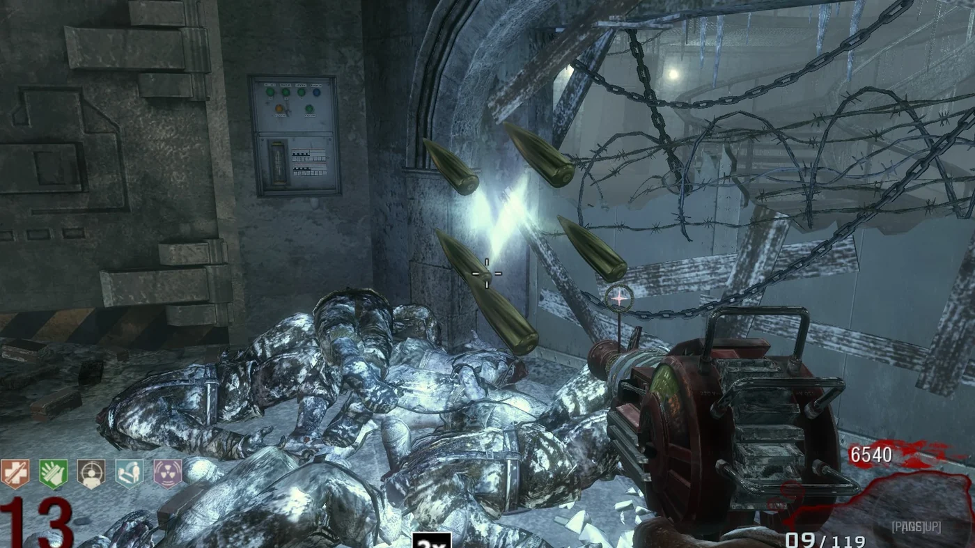 The Wunderwaffe DG-2 of the Lightning Bolt in the player's hands, frozen zombies on the floor, in Call of the Dead, Call of Duty Black Ops Zombies