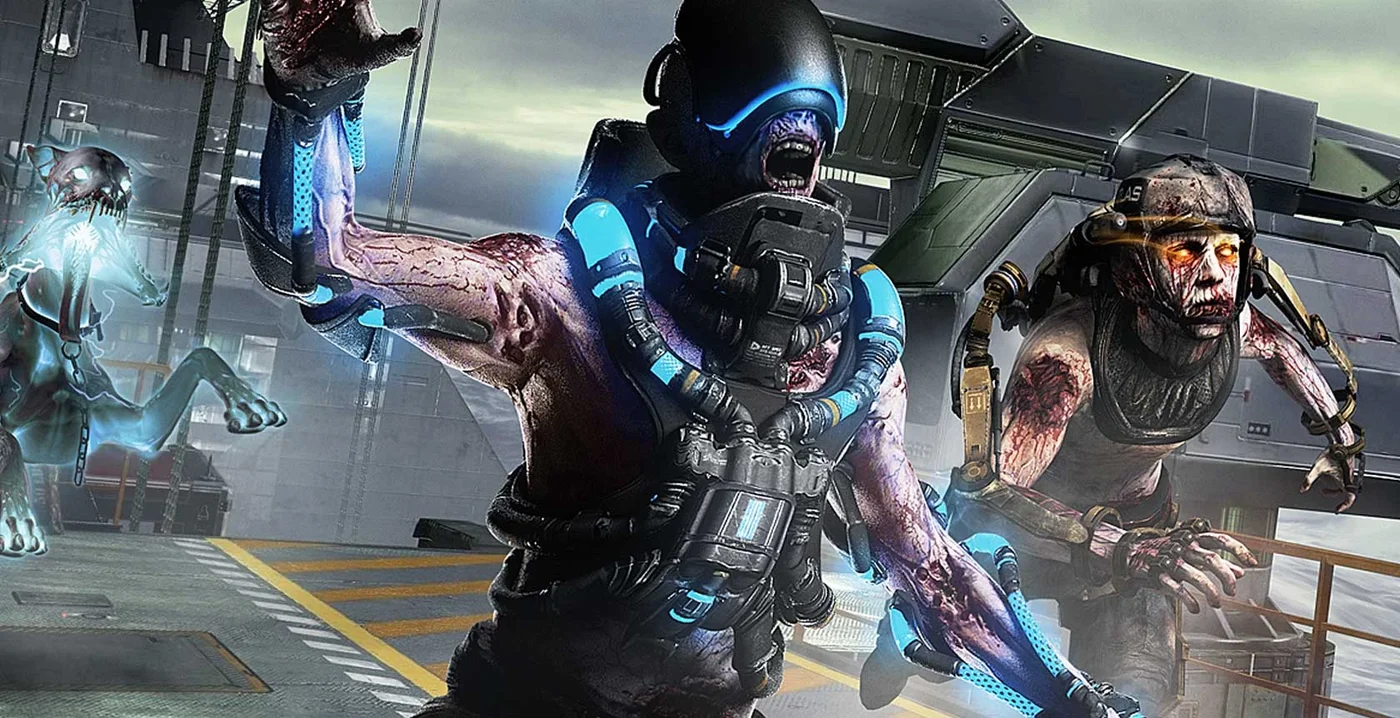 A Blinker in its blue exosuit lunging at a player, Carrier, Call of Duty Advanced Warfare Zombies
