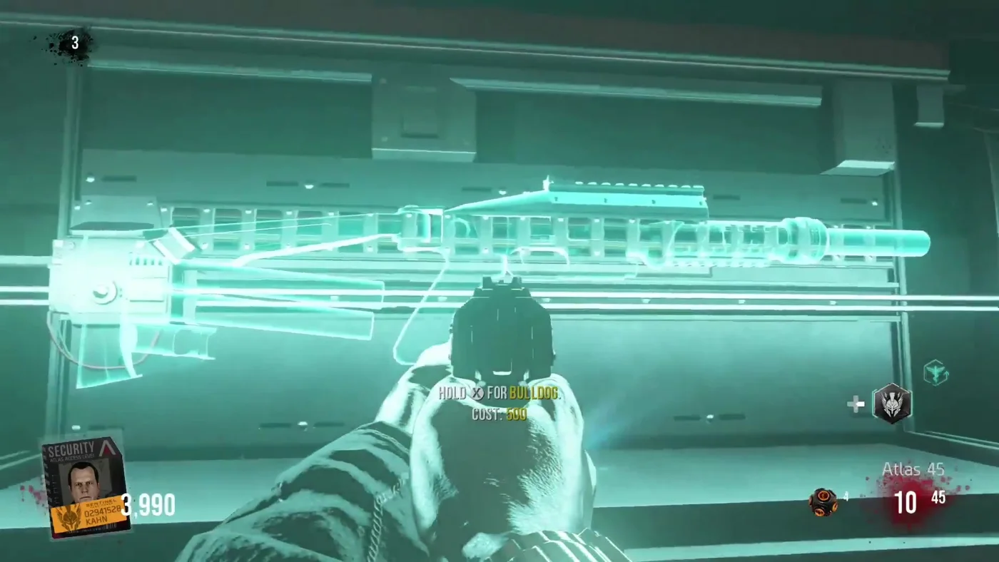 The Bulldog wall weapon of the Gun Deck, with its prompt and its cost of 500, Carrier, Call of Duty Advanced Warfare Zombies