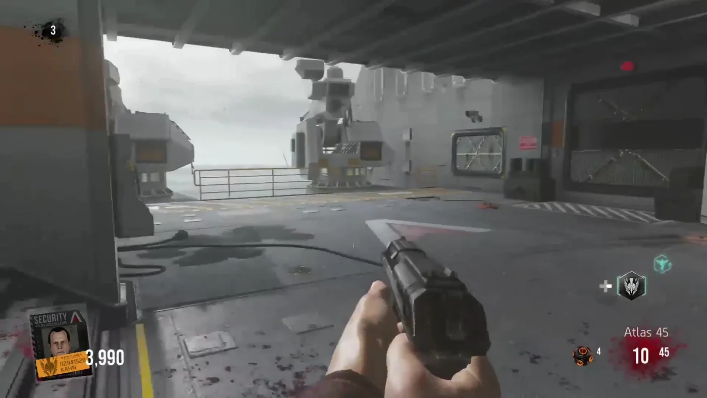 The Gun Deck, open to the sea on one side, during an early round with an Atlas 45 in hand, Carrier, Call of Duty Advanced Warfare Zombies