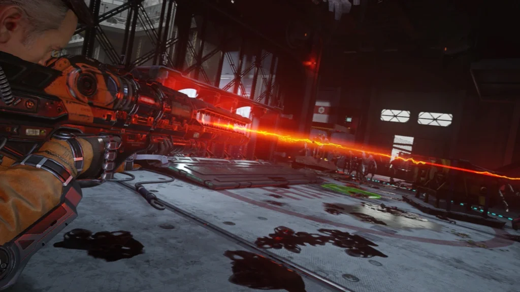 Lennox firing the LZ-52 Limbo, whose laser line cuts through a group of zombies, Carrier, Call of Duty Advanced Warfare Zombies