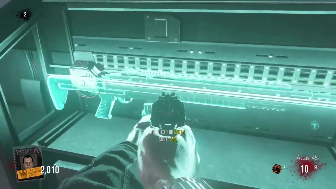 The MK14 wall weapon of the Hangar, with its prompt and its cost of 500, Carrier, Call of Duty Advanced Warfare Zombies