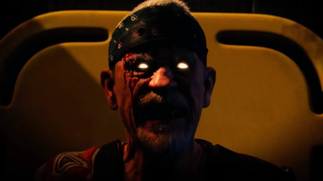 Oz as a zombie, with glowing yellow eyes, in the ending cinematic, Carrier, Call of Duty Advanced Warfare Zombies
