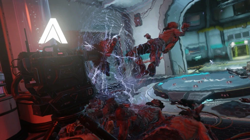 The Advanced Repulsion Turret deployed in a corridor of the ship, with zombies caught in its pulses, Carrier, Call of Duty Advanced Warfare Zombies