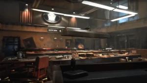 The Conference Room of the Pentagon, its long table under the seal of the Pentagon and the DEFCON sign, official screenshot, Classified, Call of Duty Black Ops 4 Zombies