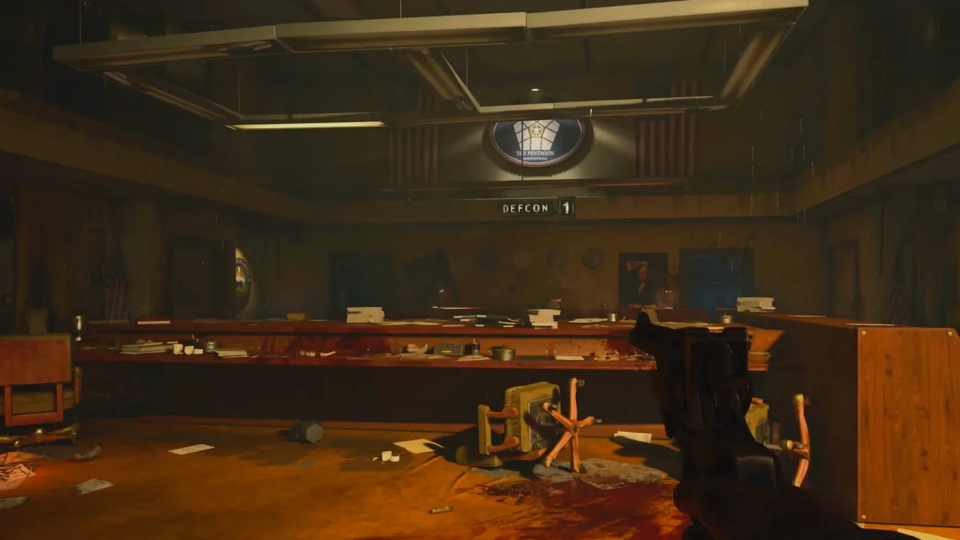 The Conference Room at the start of a game, its long table under the seal of the Pentagon and the DEFCON 1 sign, Classified, Call of Duty Black Ops 4 Zombies