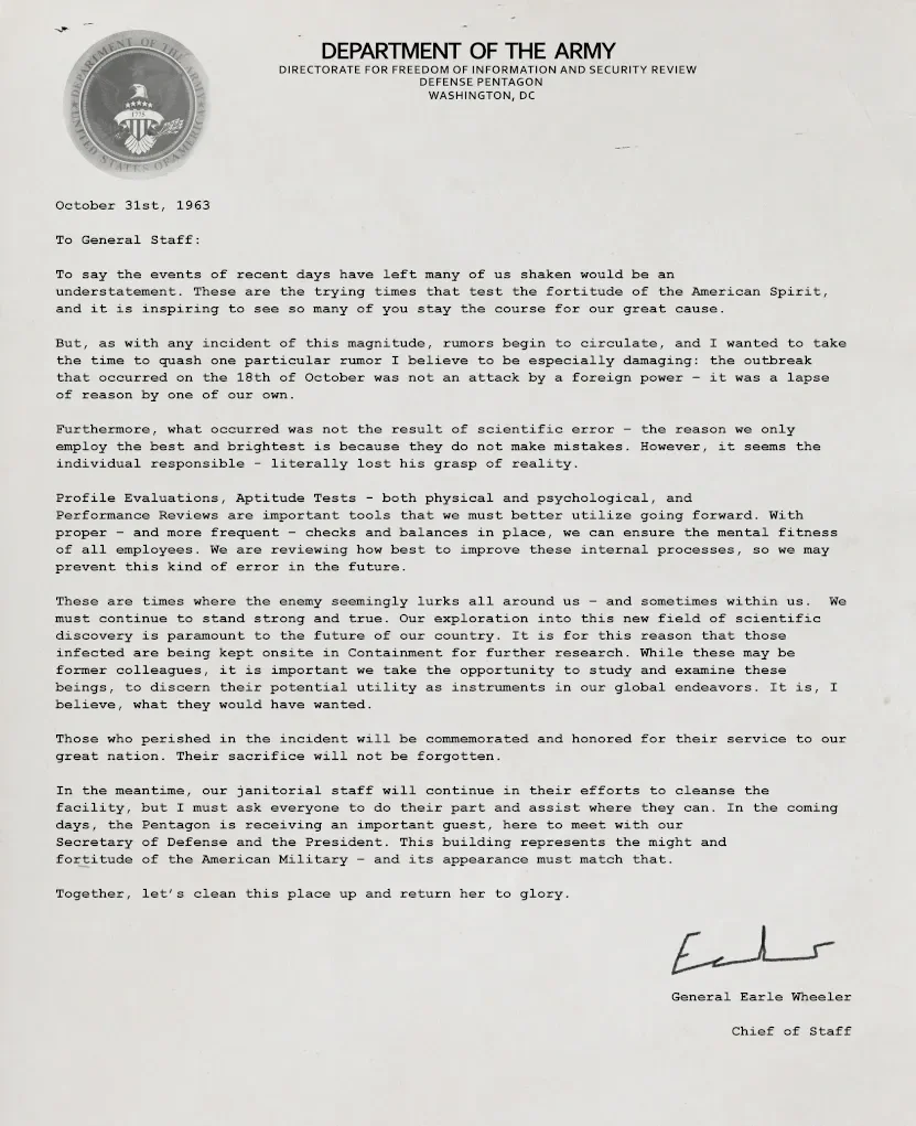 Memo of October 31, 1963 from General Earle Wheeler to the General Staff, Classified, Call of Duty Black Ops 4 Zombies