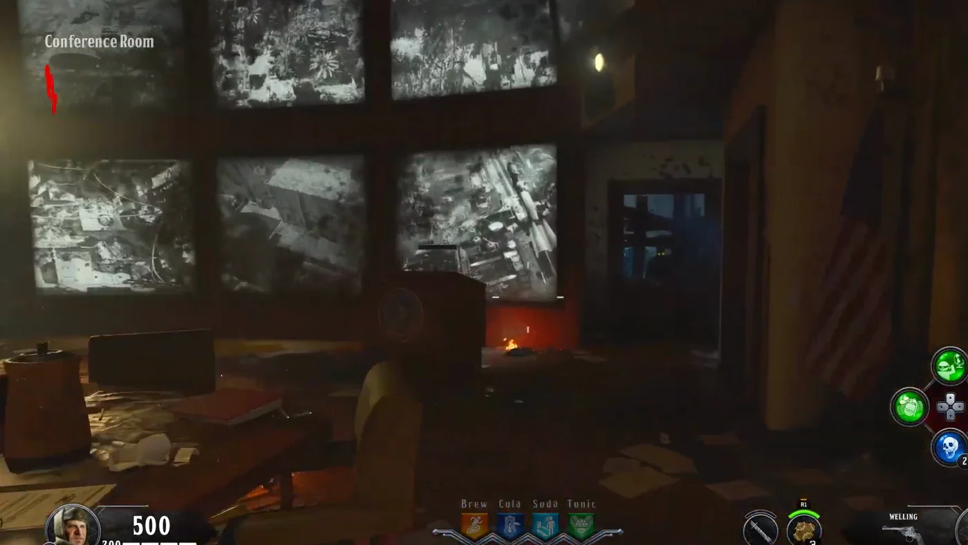 A wall of screens showing black-and-white aerial photographs in the Conference Room, Classified, Call of Duty Black Ops 4 Zombies
