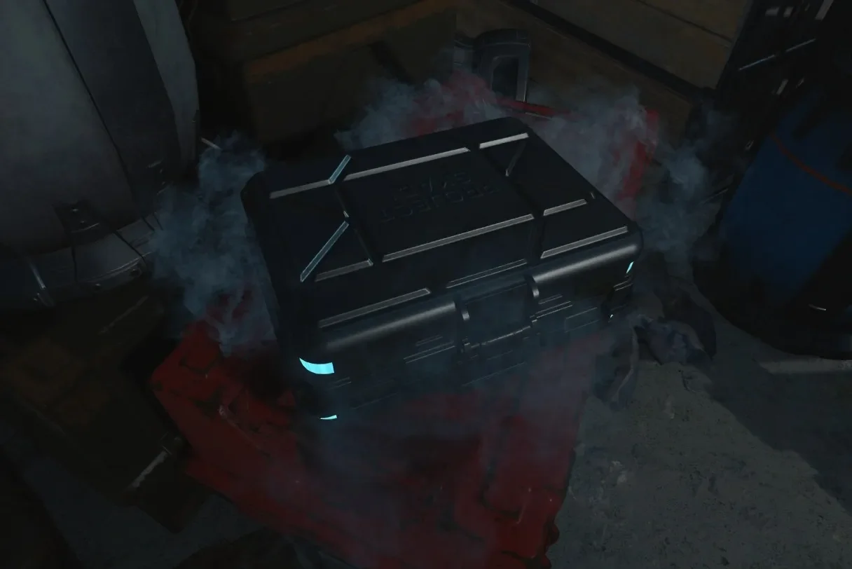The closed Project Skadi briefcase among the debris of Groom Lake, Classified, Call of Duty Black Ops 4 Zombies