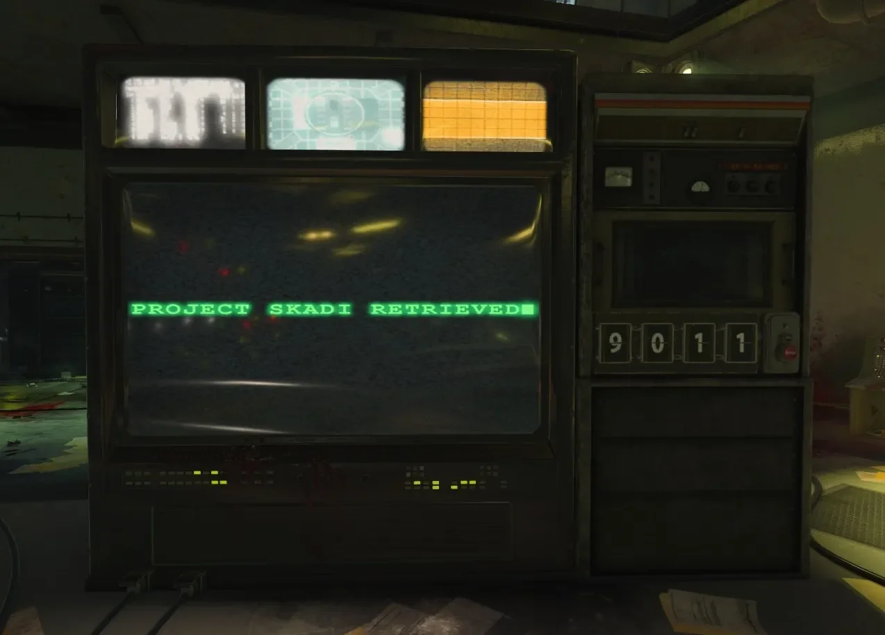 The War Room machine reading PROJECT SKADI RETRIEVED next to its split-flap display, Classified, Call of Duty Black Ops 4 Zombies