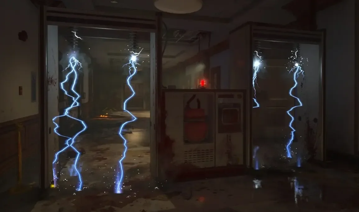 The Electro-Shock Defenses firing between two metal detector frames, Classified, Call of Duty Black Ops 4 Zombies