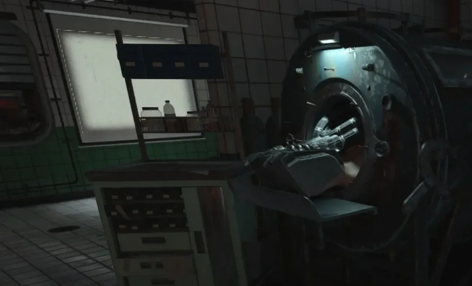 The wiring part on a corpse half out of a cryo-tube in the Morgue, Classified, Call of Duty Black Ops 4 Zombies