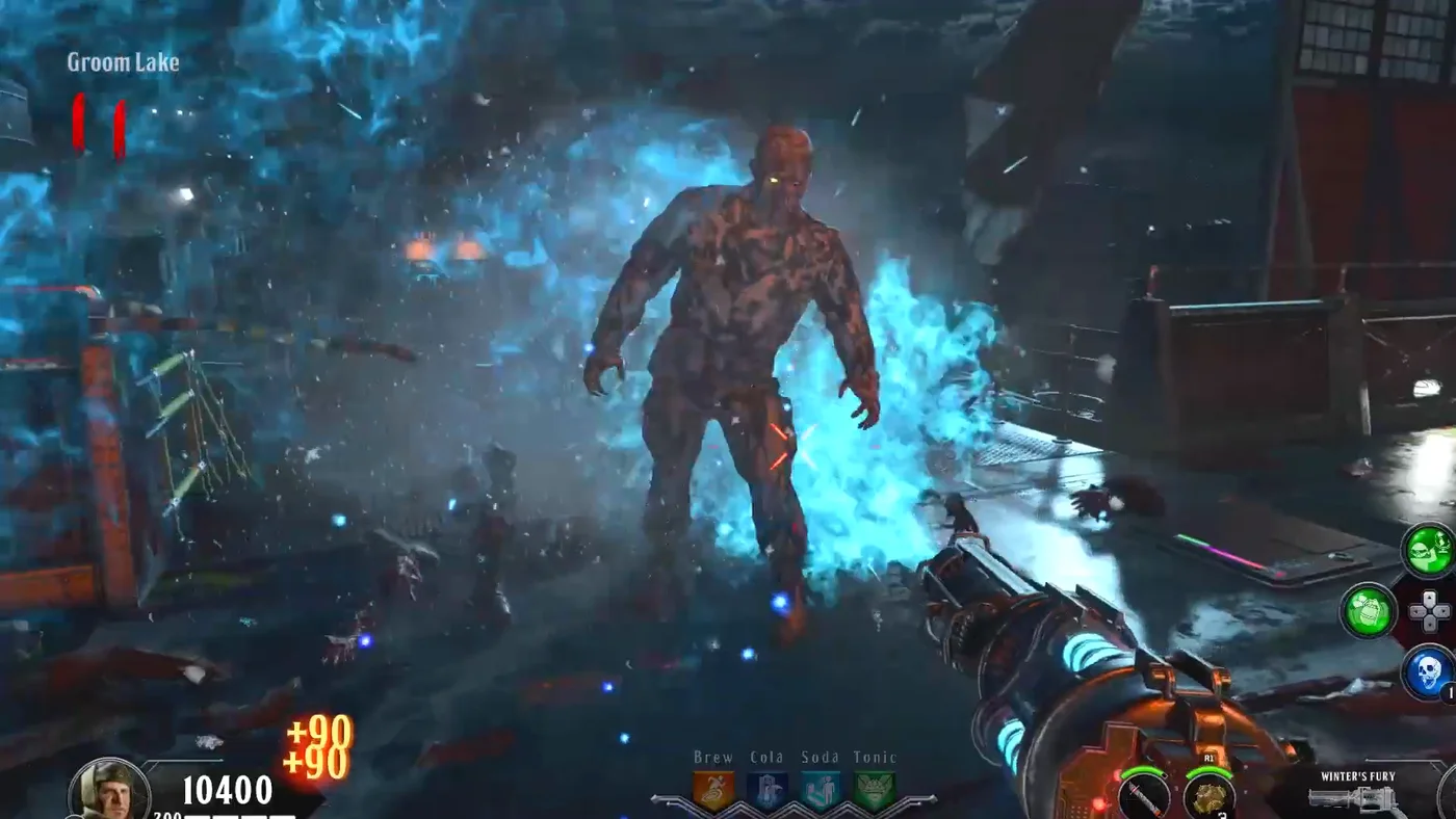 A zombie encased in ice by a Winter's Howl blast at Groom Lake, Classified, Call of Duty Black Ops 4 Zombies
