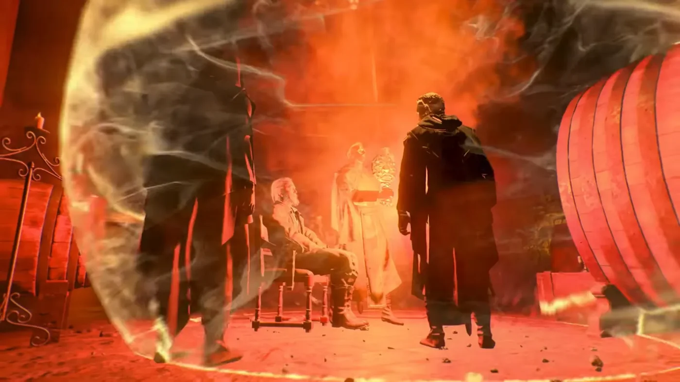 Members of The Order activating the Danu Sentinel Artifact in front of the captive Alistair Rhodes, intro cinematic, Dead of the Night, Call of Duty Black Ops 4 Zombies