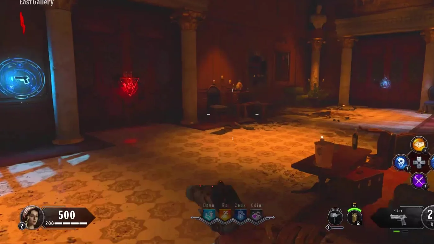 The East Gallery with the Strife wall buy on the left and a red Sentinel barrier, Dead of the Night, Call of Duty Black Ops 4 Zombies