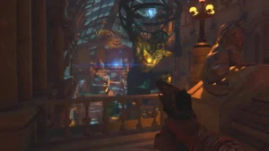 View from the North Atrium Bridge over the Main Hall and the Atlas statue at the start of a game, Dead of the Night, Call of Duty Black Ops 4 Zombies