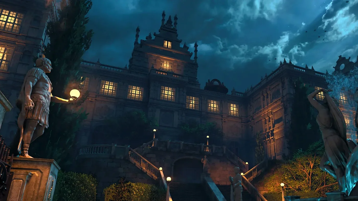 Rhodes Manor at night, seen from the Greenhouse Terrace, Dead of the Night, Call of Duty Black Ops 4 Zombies