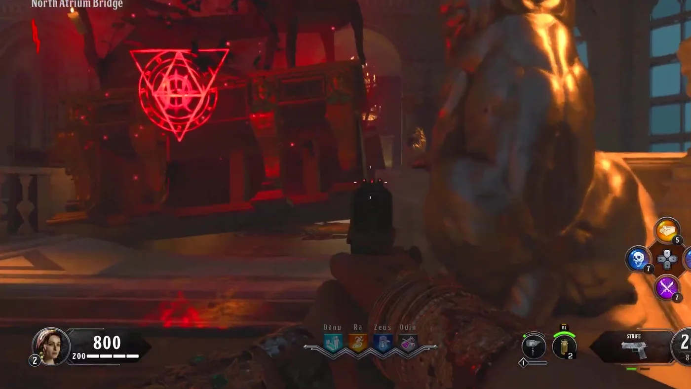 The red Sentinel barrier that splits the North Atrium Bridge in two, Dead of the Night, Call of Duty Black Ops 4 Zombies