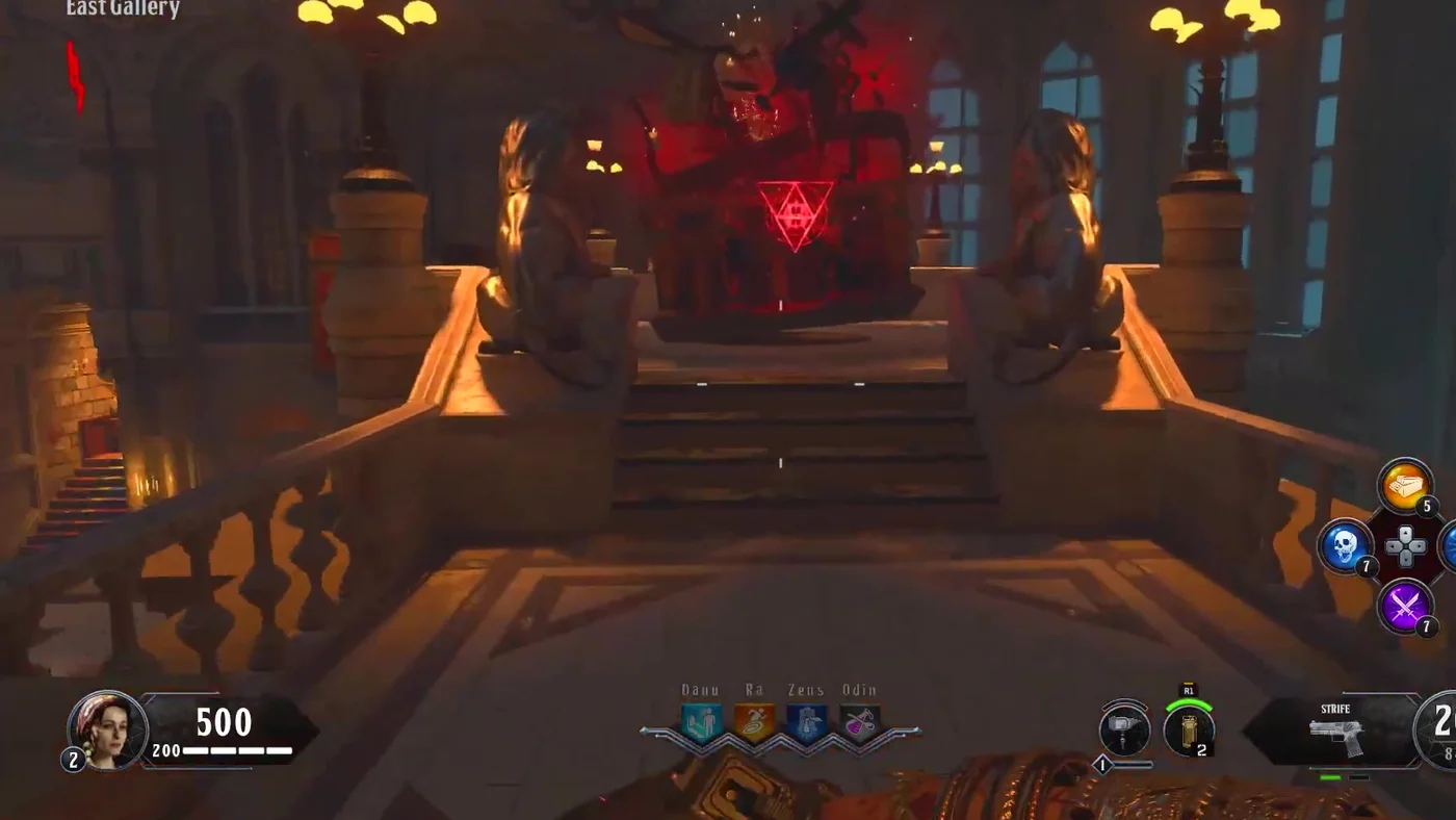 The staircase from the East Gallery down to the Main Hall, closed by a red Sentinel barrier, Dead of the Night, Call of Duty Black Ops 4 Zombies
