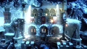 The courtyard and the main building of Griffin Castle under the snow in Der Eisendrache, Call of Duty Black Ops III Zombies