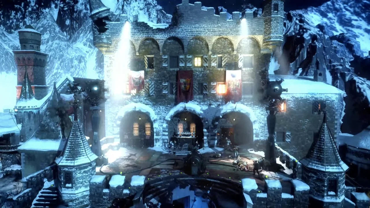 The courtyard and the main building of Griffin Castle under the snow in Der Eisendrache, Call of Duty Black Ops III Zombies