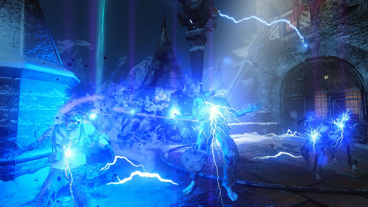 The Death Ray firing electricity at zombies on the Bastion in Der Eisendrache, Call of Duty Black Ops III Zombies