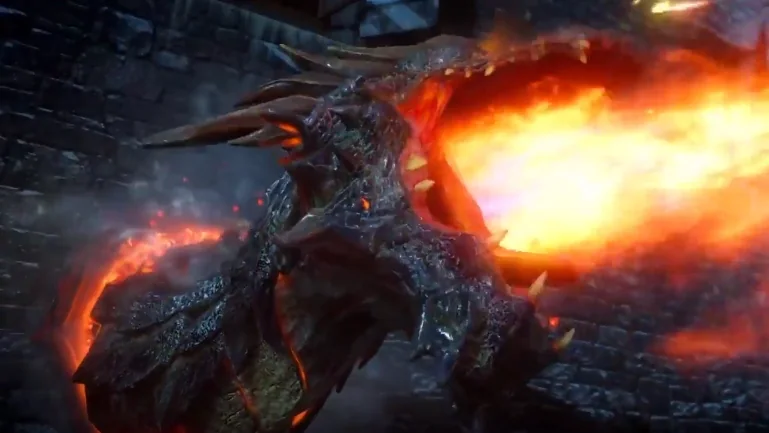 A dragon breathing fire from its stone head in Der Eisendrache, Call of Duty Black Ops III Zombies