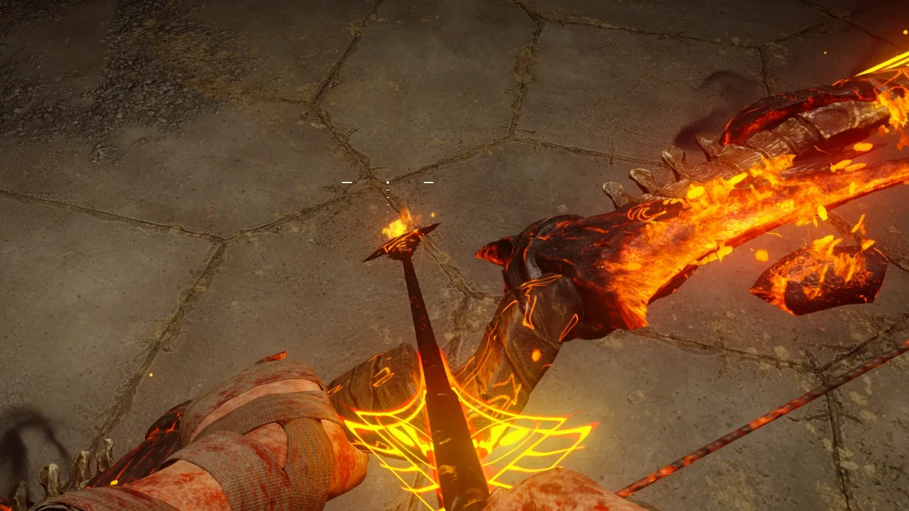 The Fire Bow, Kreeaho'ahm nal Ahmhogaroc, with its burning arrow, first-person view in Der Eisendrache, Call of Duty Black Ops III Zombies