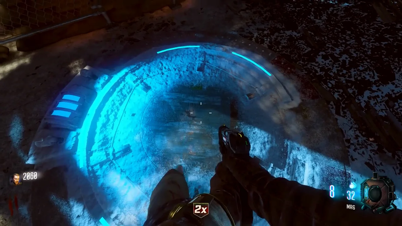 The Wundersphere landing pad on the floor of the station, lit blue in Der Eisendrache, Call of Duty Black Ops III Zombies