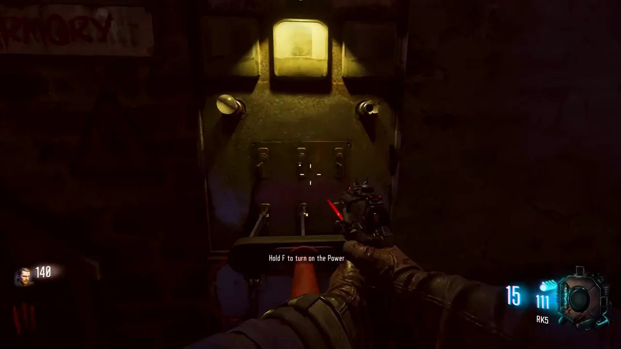 The power switch in the Armory with its "turn on the Power" prompt in Der Eisendrache, Call of Duty Black Ops III Zombies