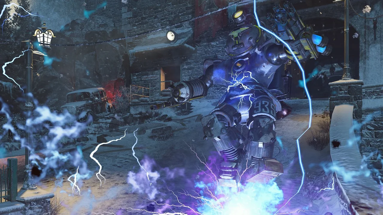 A Panzersoldat held by the lightning of a planted Ragnarok DG-4 in Der Eisendrache, Call of Duty Black Ops III Zombies