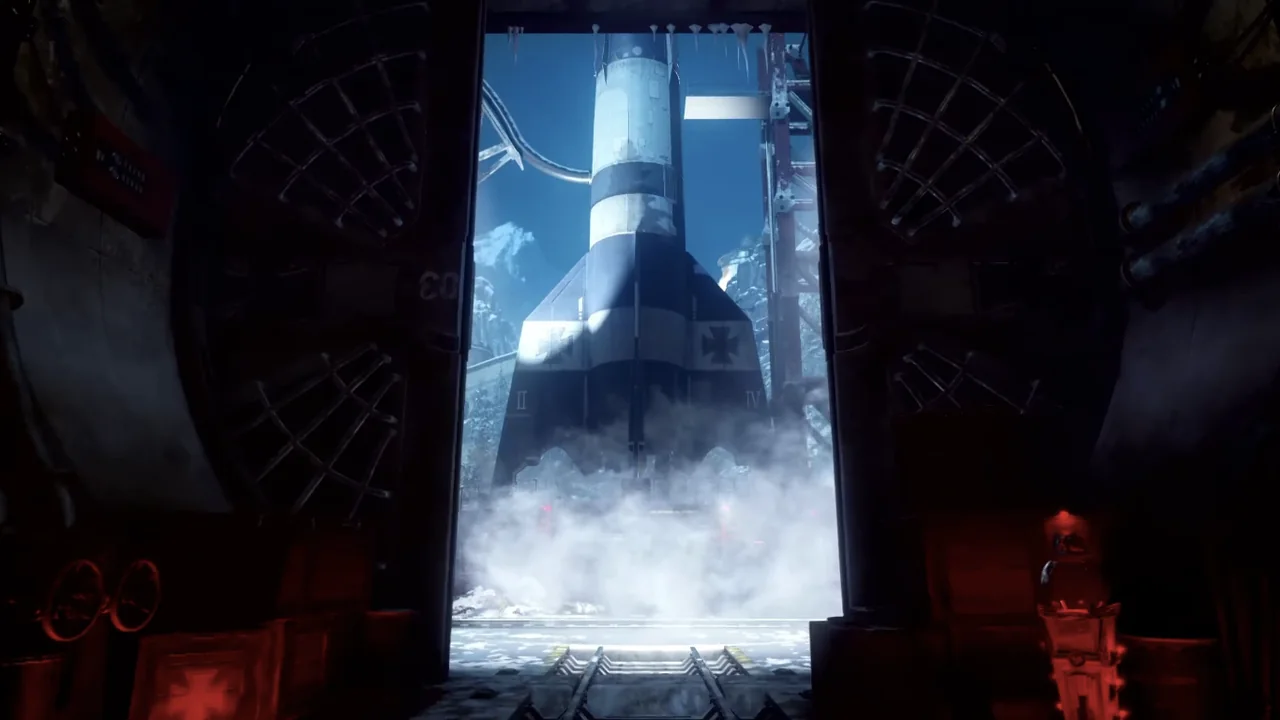 The rocket seen through the open blast doors of the launch pad in Der Eisendrache, Call of Duty Black Ops III Zombies